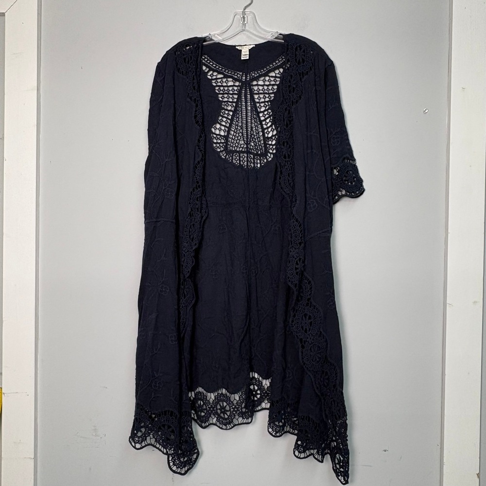Cato Womens Plus 22/24W Navy Blue Cotton Crochet Butterfly Back Kimono Cardigan